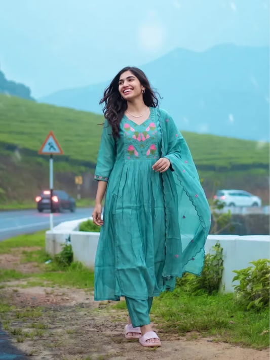 Teal Green Floral Chandheri Kurta Set with Dupatta