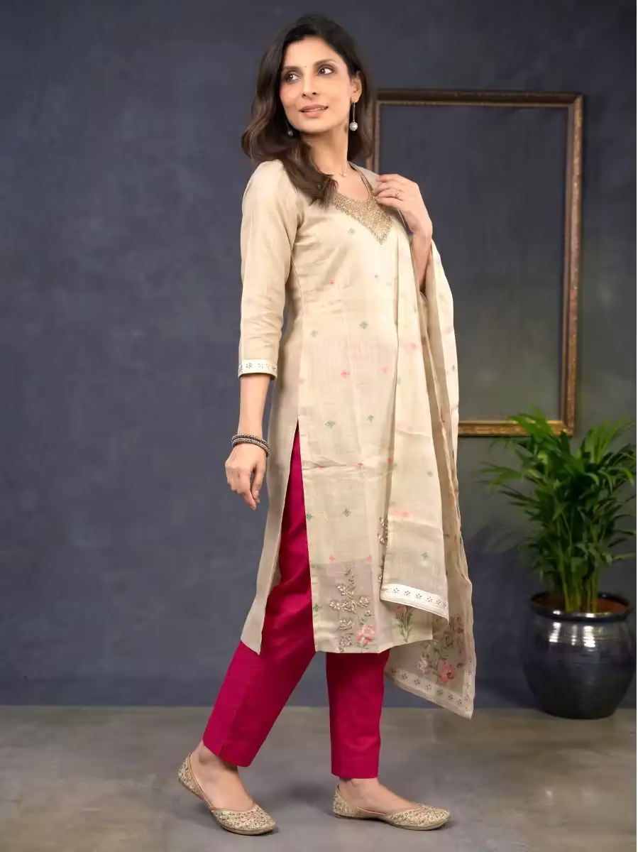 Beige Tussar Silk Salwar Kurta Set Suit with Zardosi Neck Work