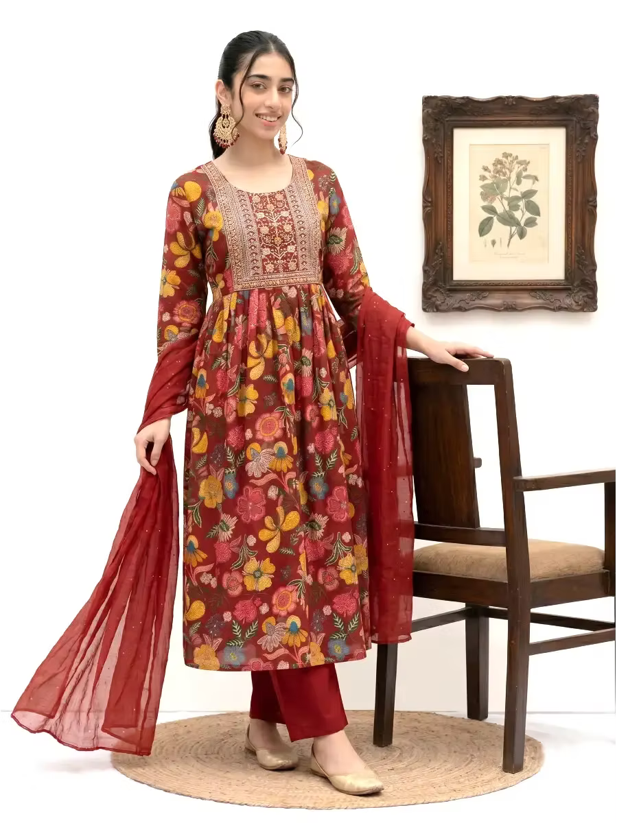 Maroon with Multi-Color Floral Embroidery Yoke Anarkali 3 Piece Kurta Set