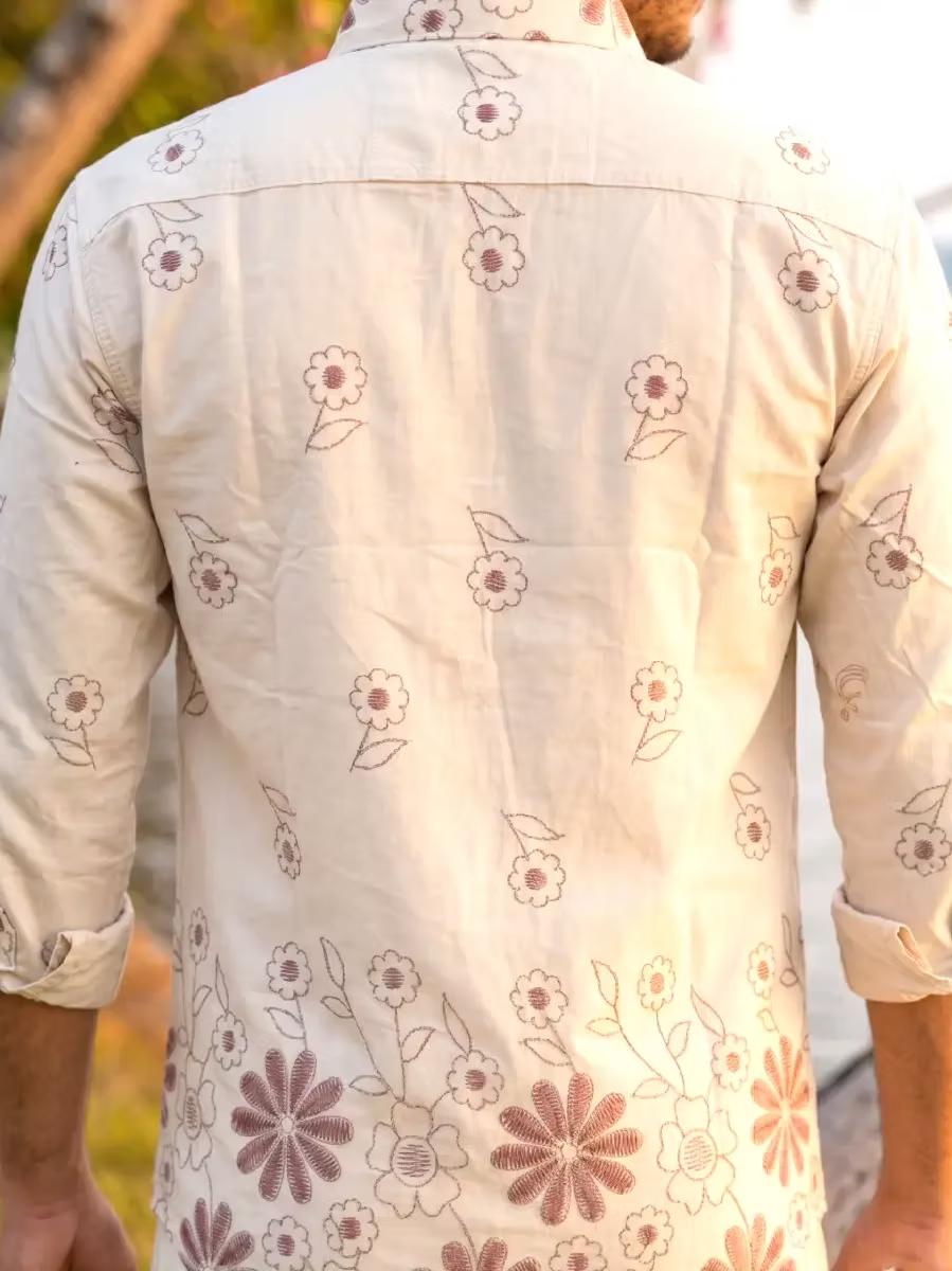 Ivory White Botanical Motif Cotton Shirt & Kasavu Mundu Dhoti Combo