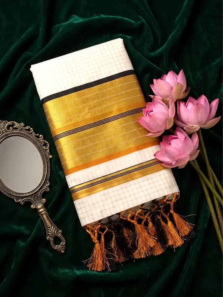 Micro Checks Cotton Kasavu Saree with Black & Orange Border