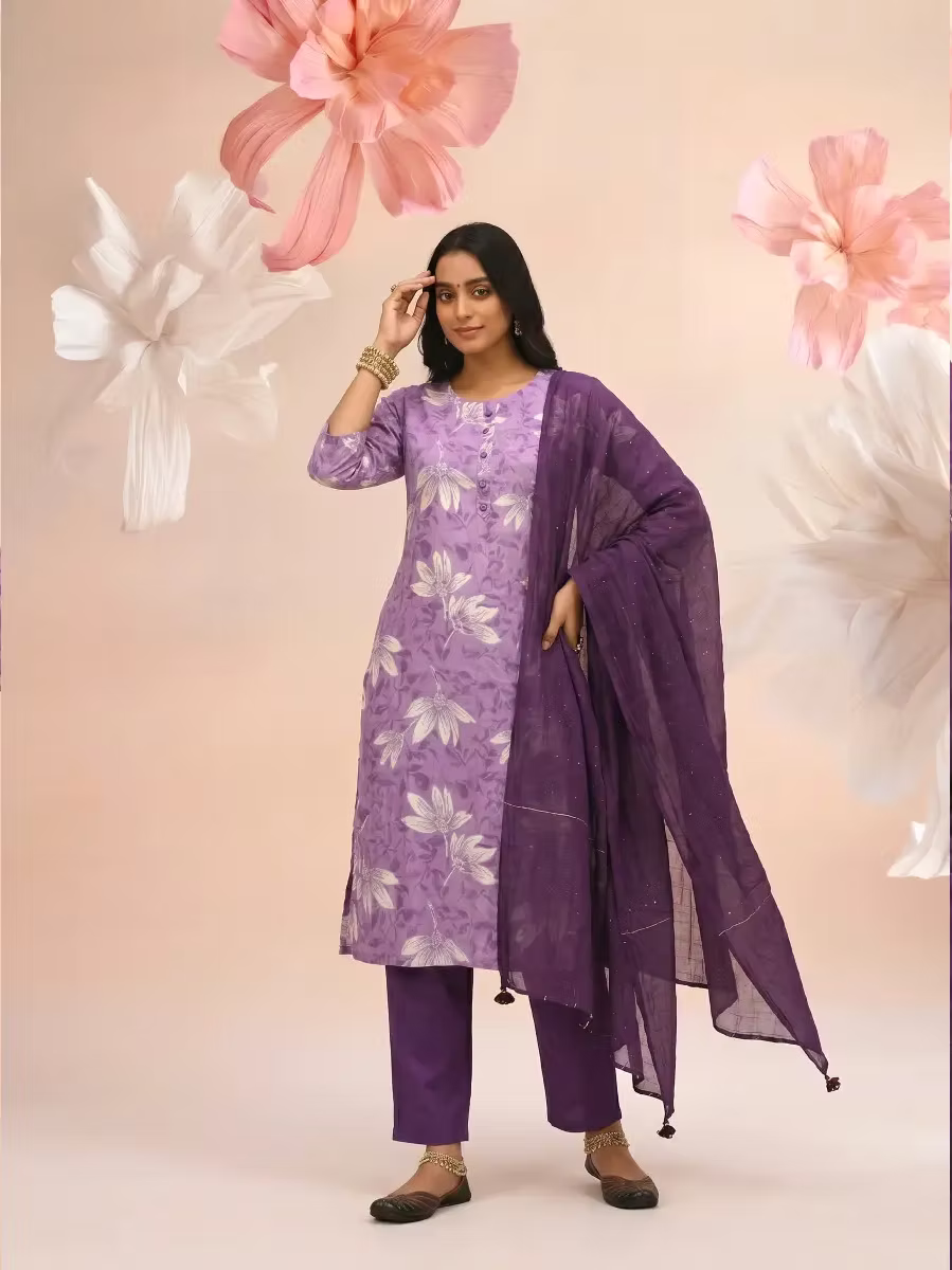Women Purple Floral Print Regular Kurta Pant Set With Dupatta