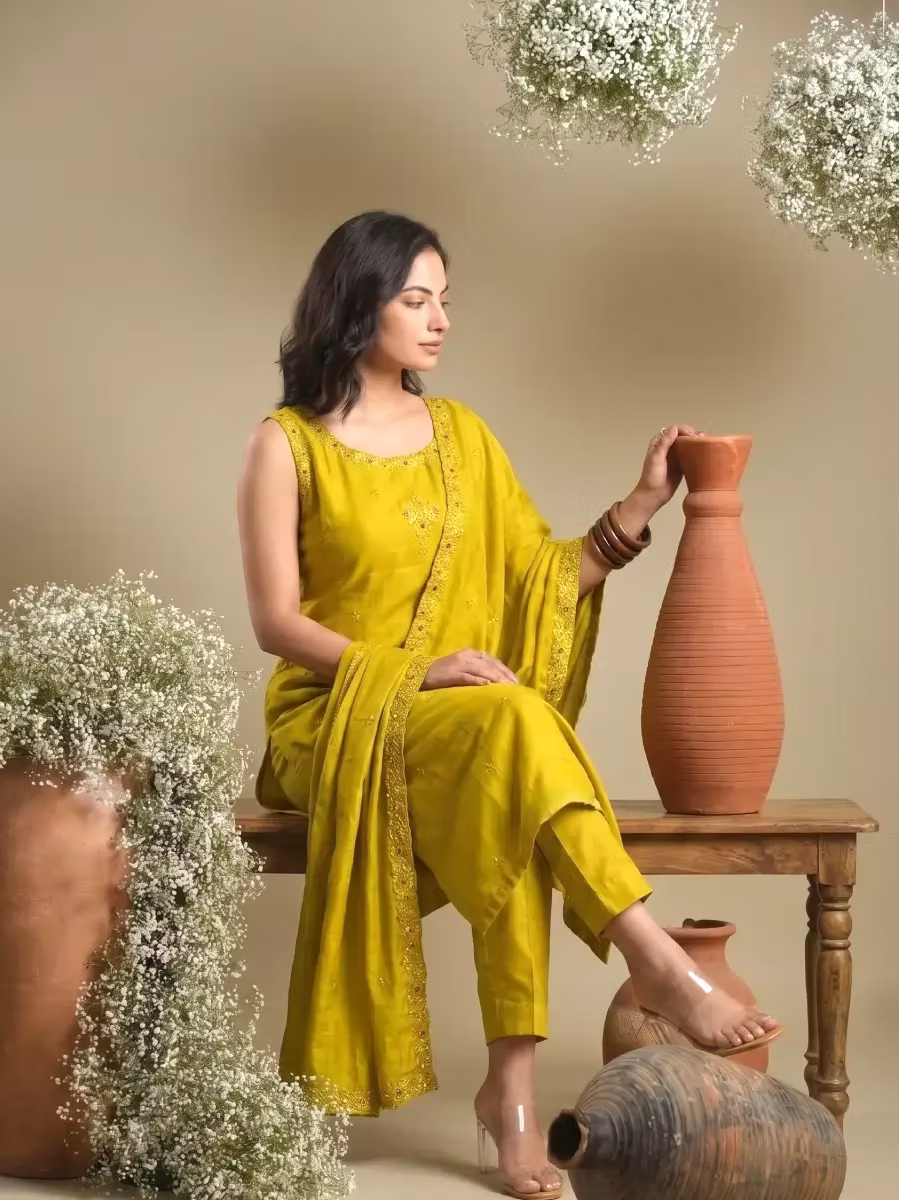 Lime Green Silk Blend Kurta Set with Dupatta & Pant