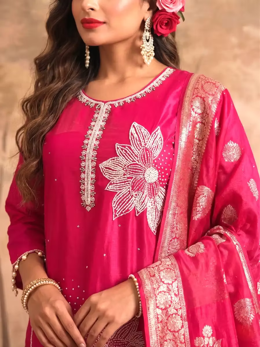 Fuchsia Pink Floral Pearl Embroidered Silk Blend Kurta Set with Banarasi Dupatta