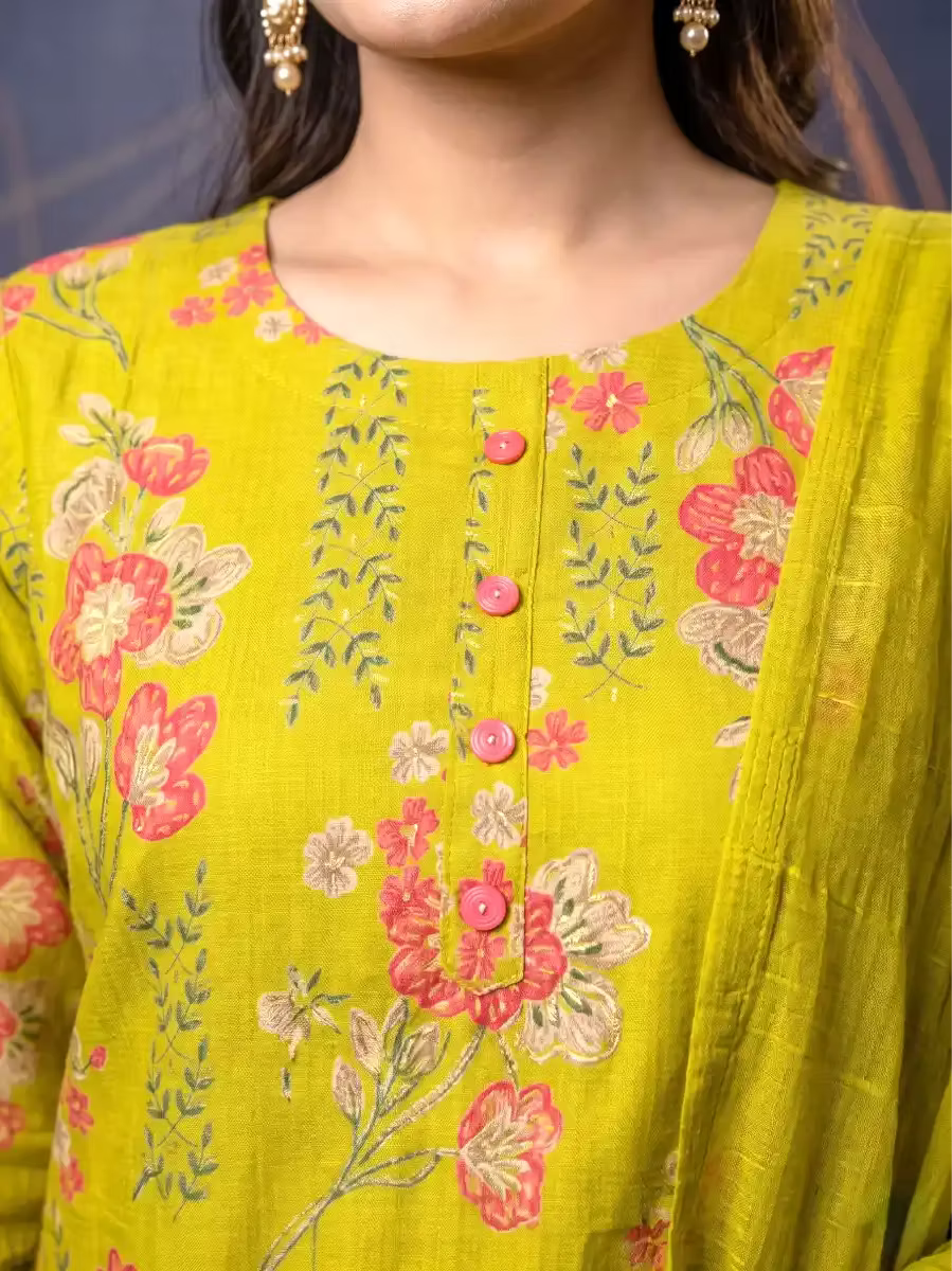 Women’s Olive Floral Straight Kurta Set with Dupatta