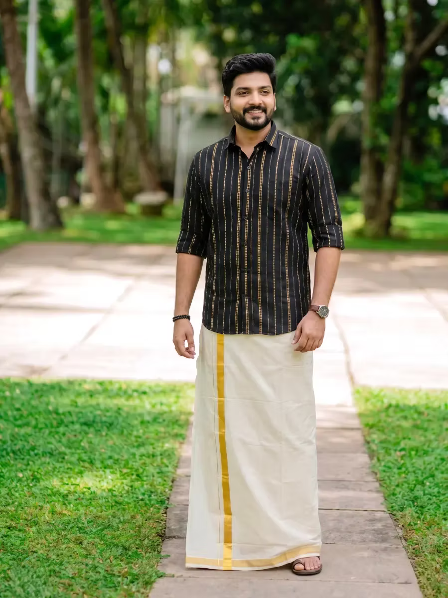 Black & Golden Flecha Cotton Shirt and Kasavu Mundu Dhoti Combo