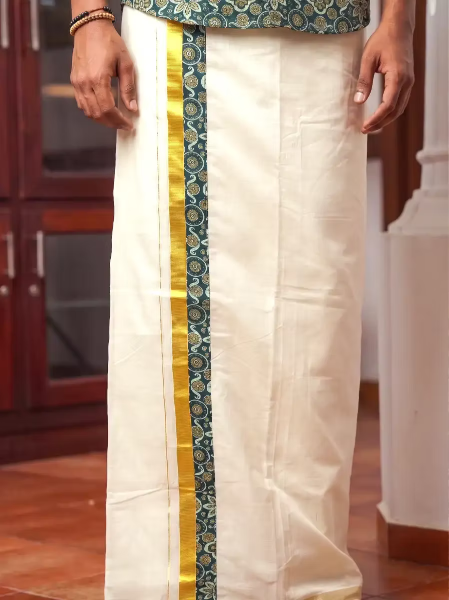 Deep Teal Regal Ajrak Shirt & Kasavu Mundu Dhoti Combo