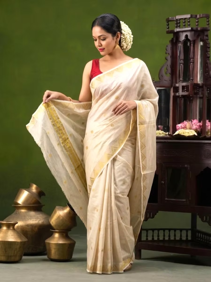 Golden Butta Temple Border Tissue Kasavu Saree with Blouse