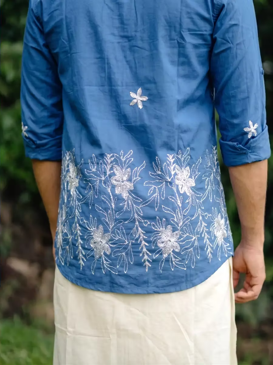 Blue Floral Vine Embroidered Cotton Shirt and Kasavu Mundu Dhoti Combo