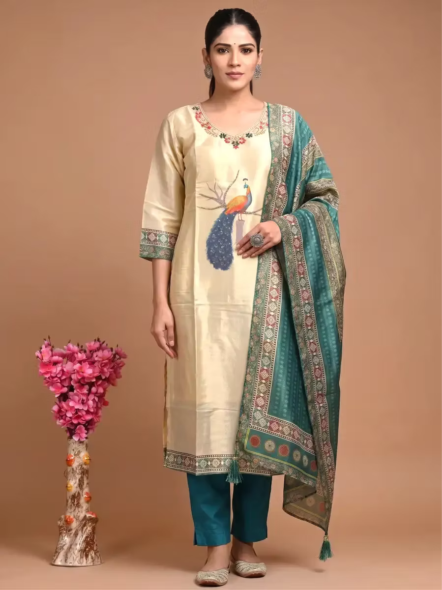 Mayur Cream Embroidered Kurti Set with Peacock Design & Teal Dupatta & Bottom