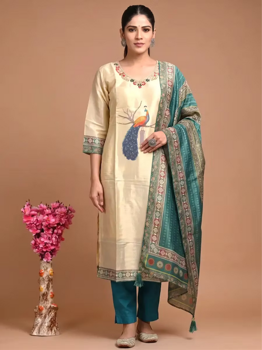 Mayur Cream Embroidered Kurti Set with Peacock Design & Teal Dupatta & Bottom