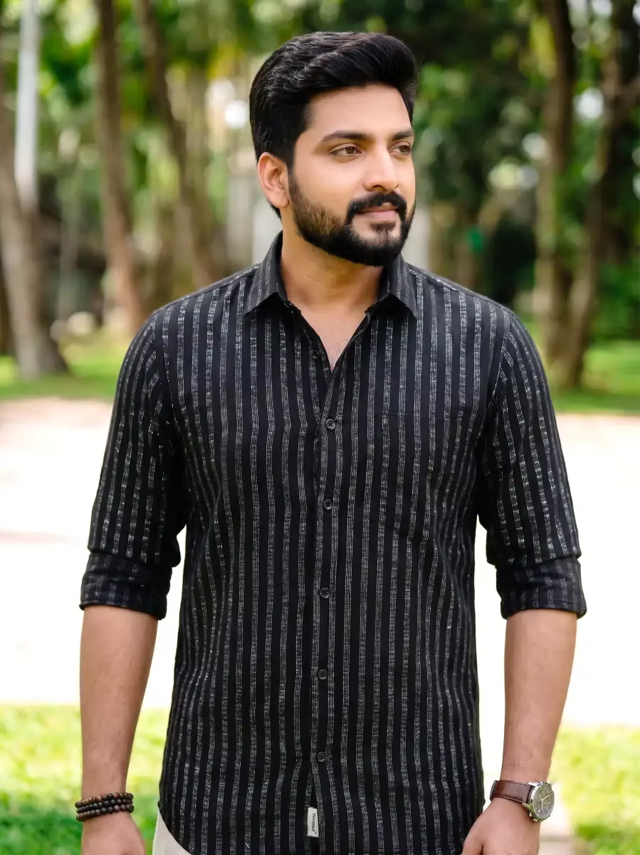 Black & Silver Flecha Cotton Shirt and Silver Kasavu Mundu Dhoti Combo
