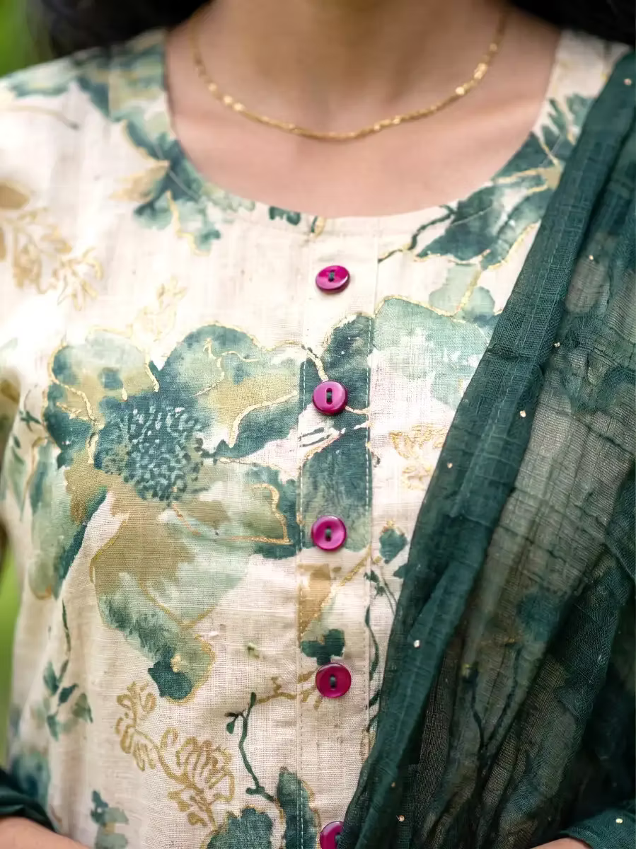 Olive Green Floral Viscose Rayon Kurta Set with Dupatta