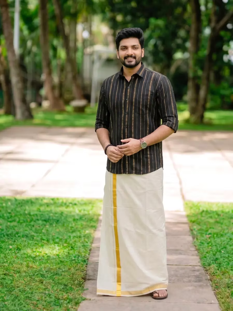Black & Golden Flecha Cotton Shirt and Kasavu Mundu Dhoti Combo