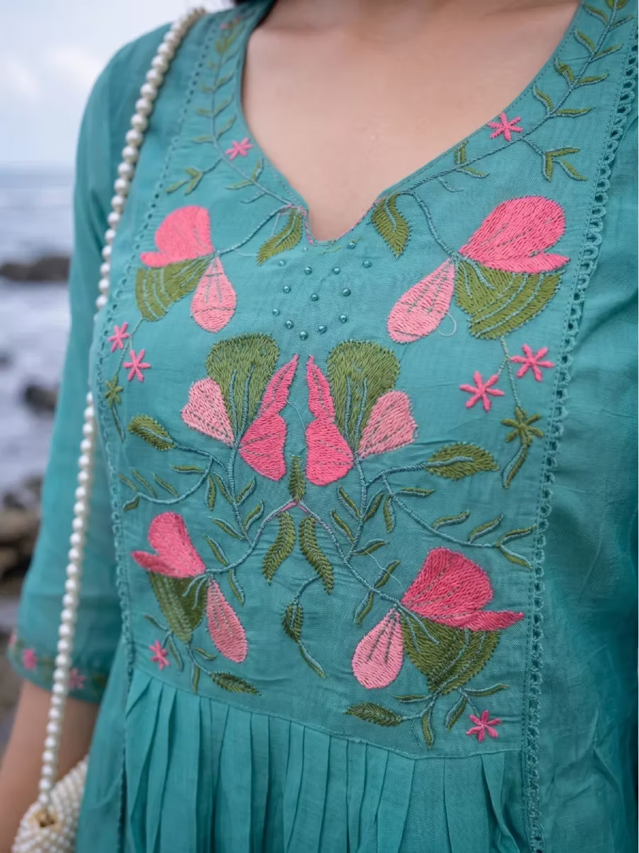 Teal Green Floral Chandheri Kurta Set with Dupatta