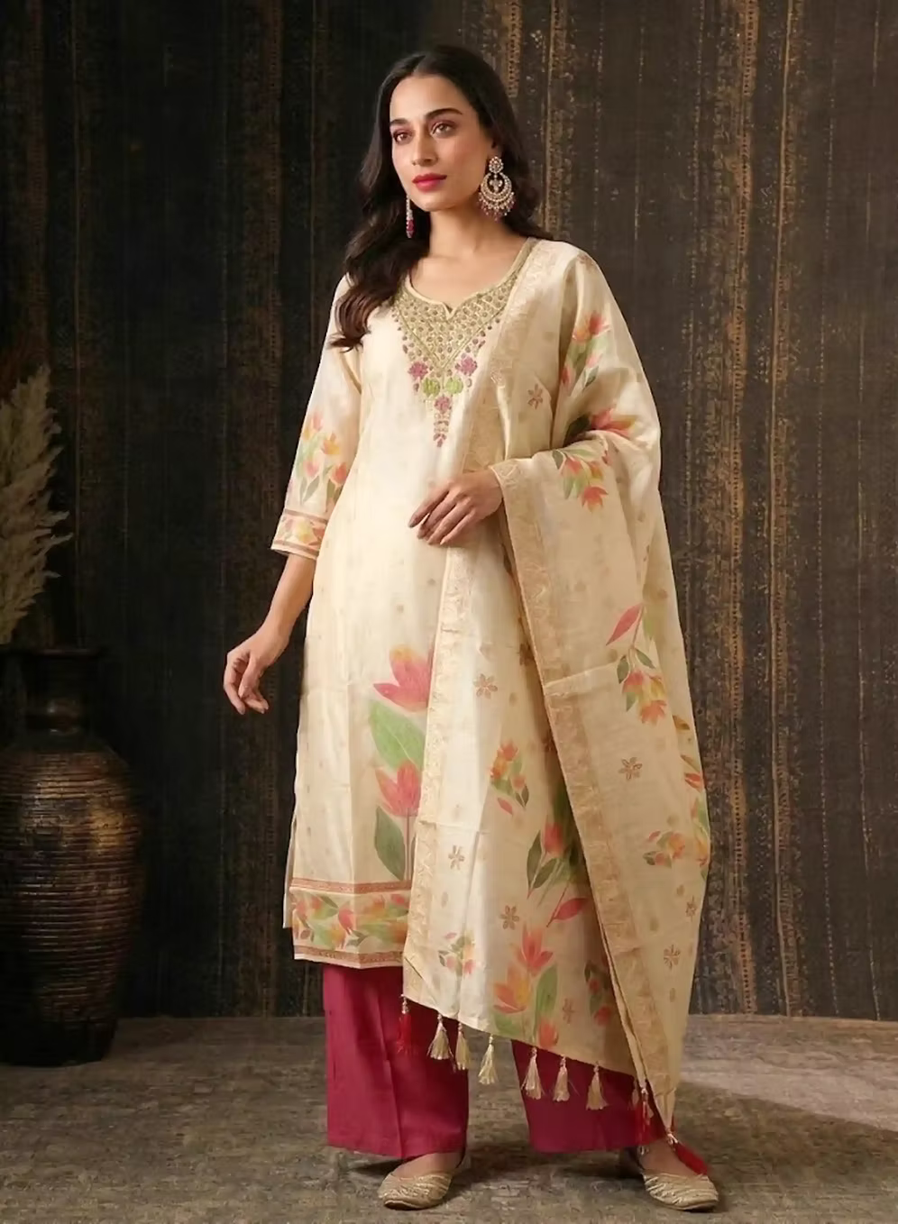 Cream Floral Silk Blend Kurta Set with Pants & Dupatta