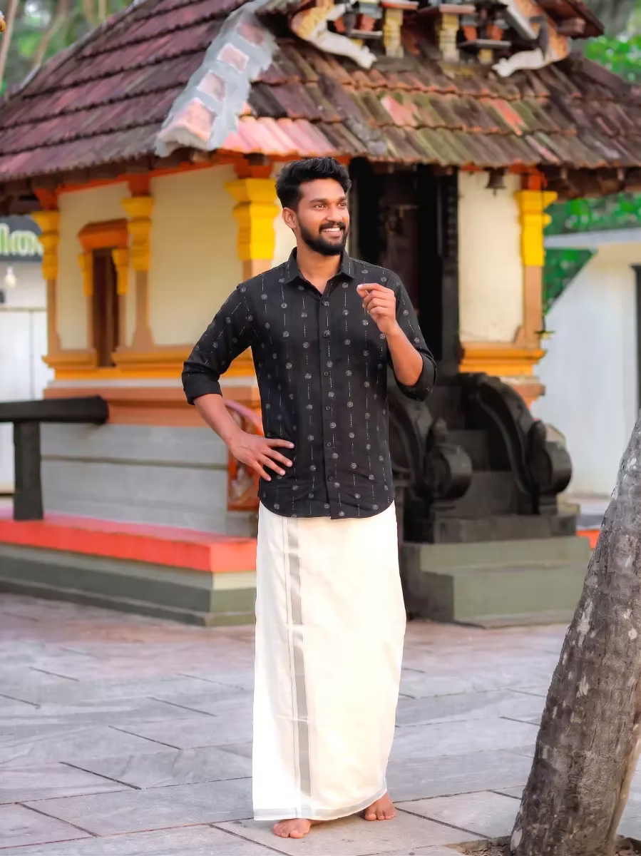 Black Silver Dot Motif Cotton Shirt and Silver Kasavu Mundu Dhoti Combo Set