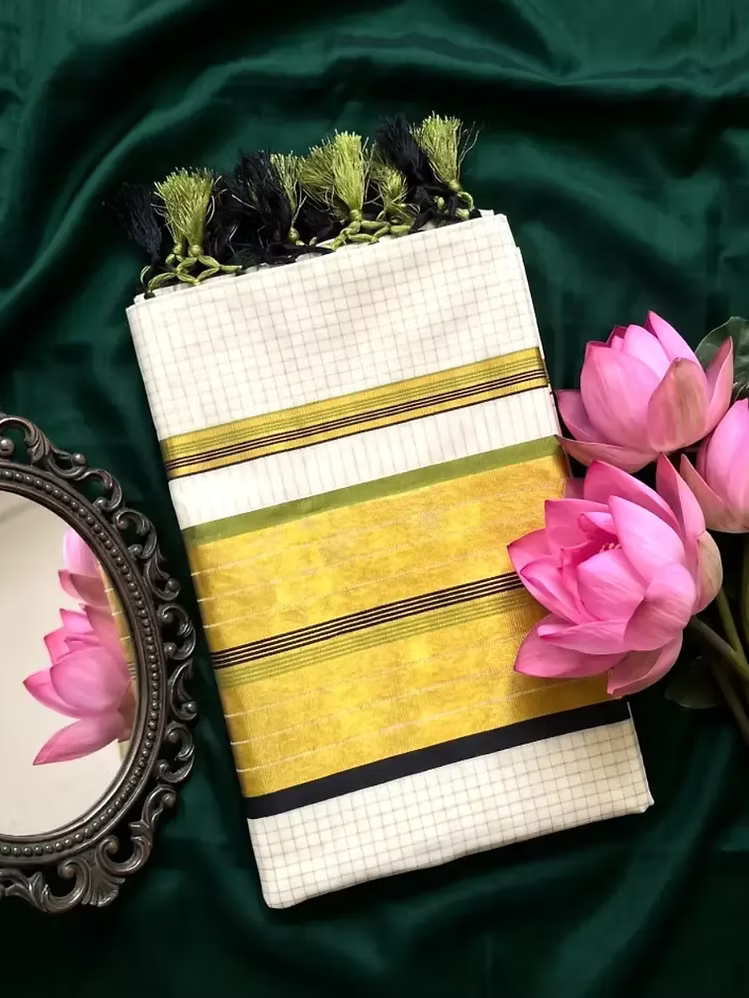 Micro Checks Cotton Kasavu Saree with Black & Pea Green Border