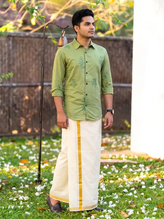 Sage Green Leaf Embroidered Cotton Shirt and Kasavu Mundu Dhoti Combo