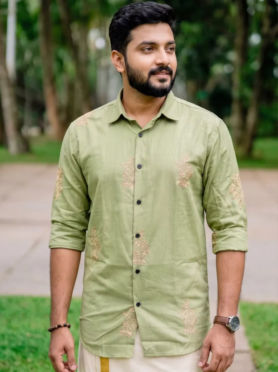 Sage Green Botanical Embroidered Cotton Shirt and Kasavu Mundu Dhoti Combo