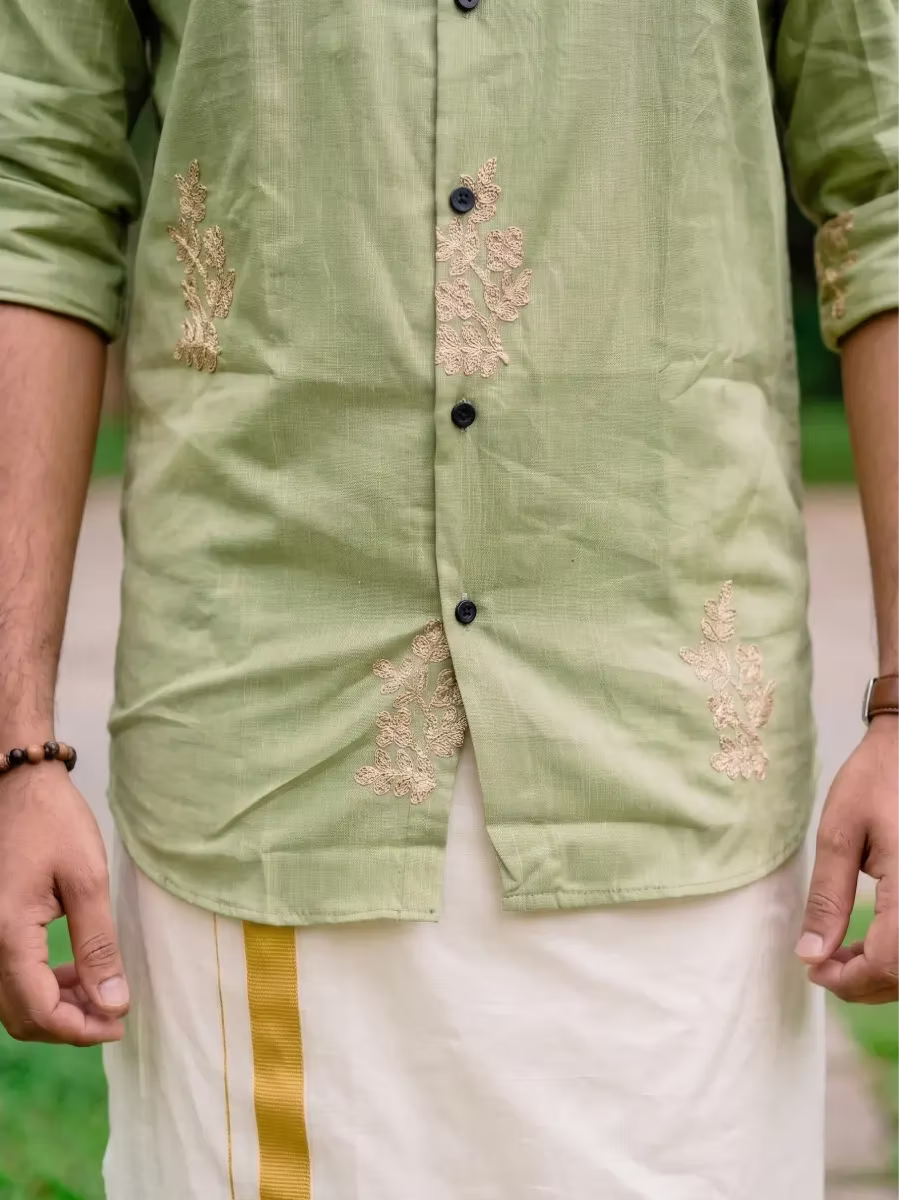 Sage Green Botanical Embroidered Cotton Shirt and Kasavu Mundu Dhoti Combo