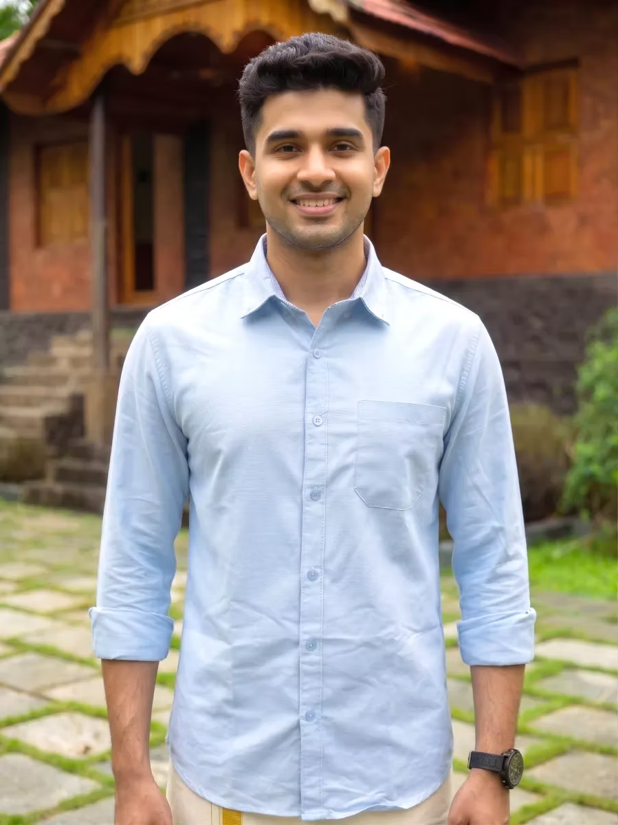 Sky Blue Shirt and Kasavu Mundu Dhoti Combo Set