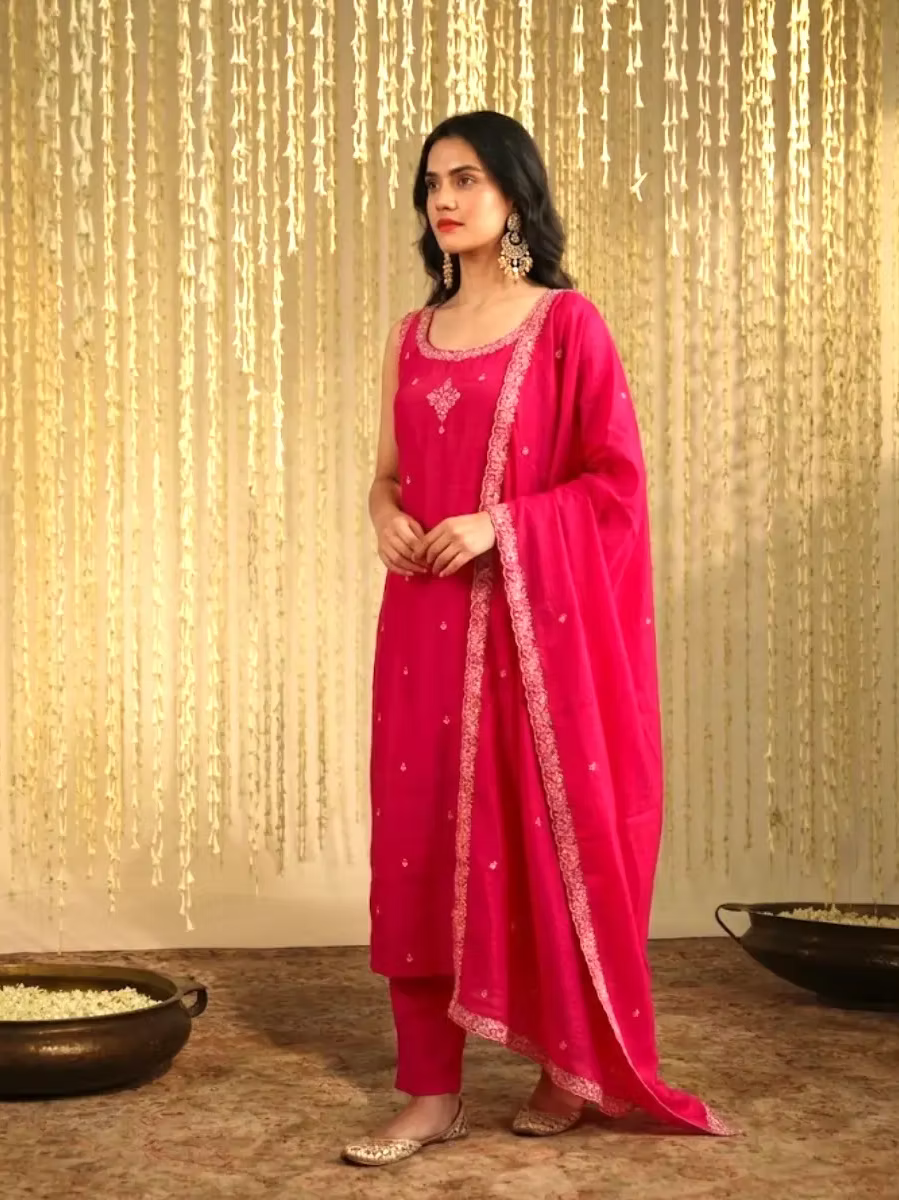 Fuchsia Pink Floral Embroidered Silk Blend Kurta Set with Dupatta