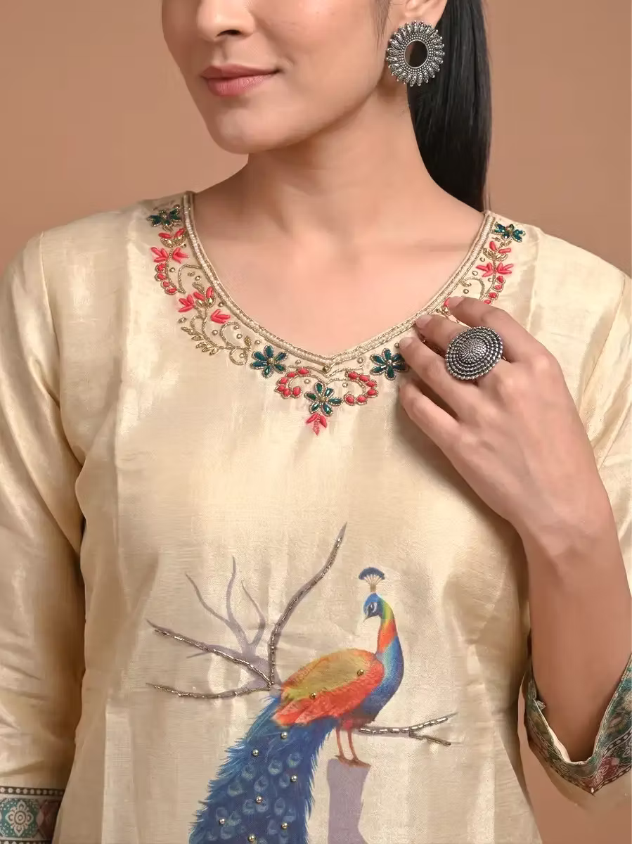 Mayur Cream Embroidered Kurti Set with Peacock Design & Teal Dupatta & Bottom