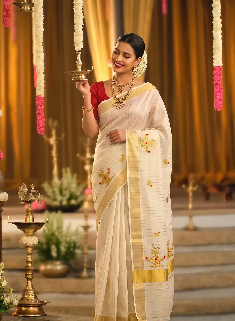 Nilavilakku Embroidery Striped Kerala Tissue Kasavu Saree with Blouse