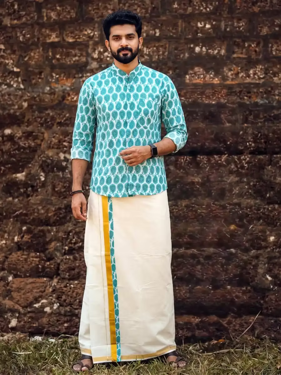 Turquoise Mango Ajrak Shirt &amp; Kasavu Mundu Dhoti Combo