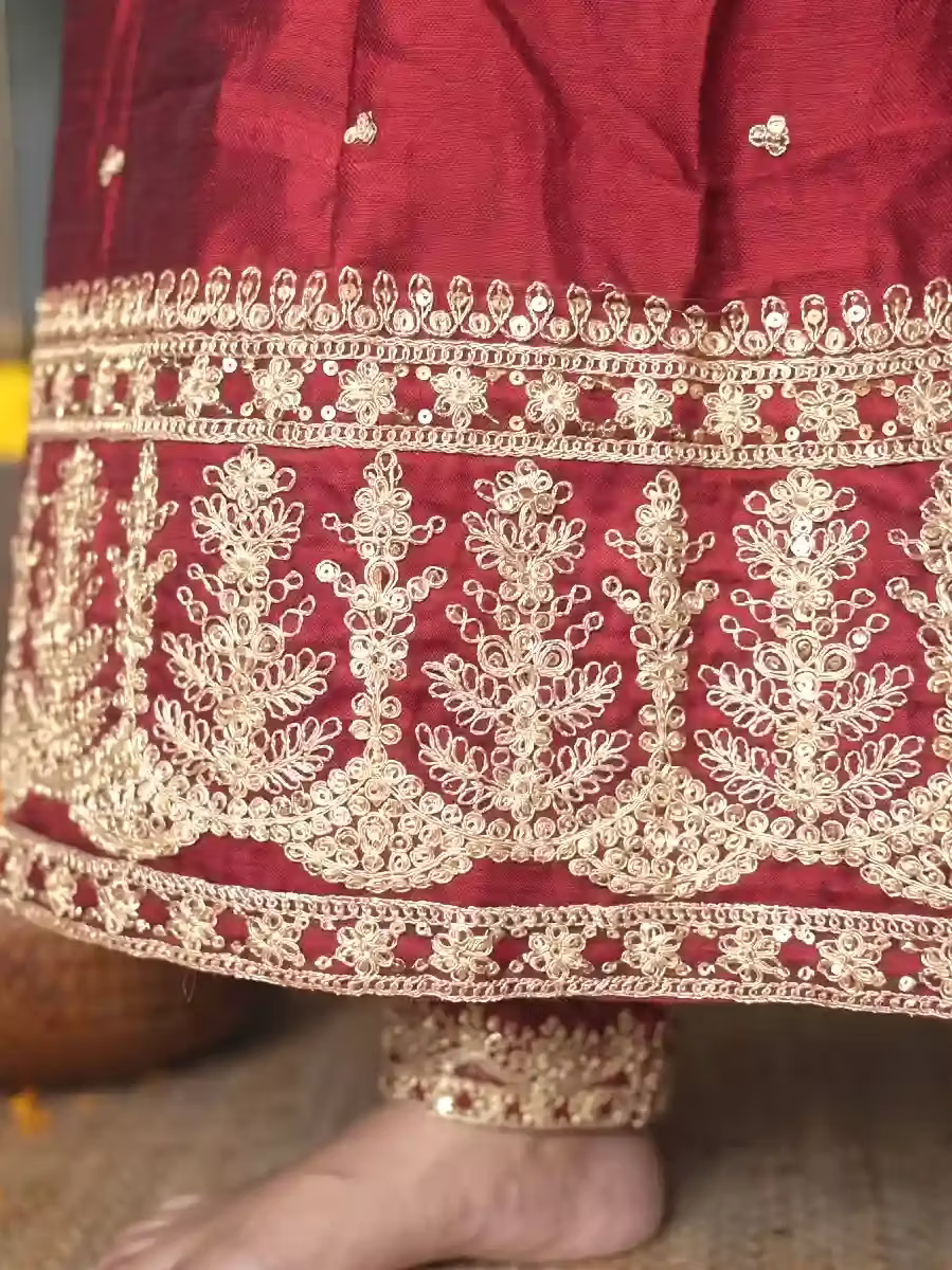 Premium Maroon Embroidered Silk Blend Kurta Set with Straight Pant and Dupatta