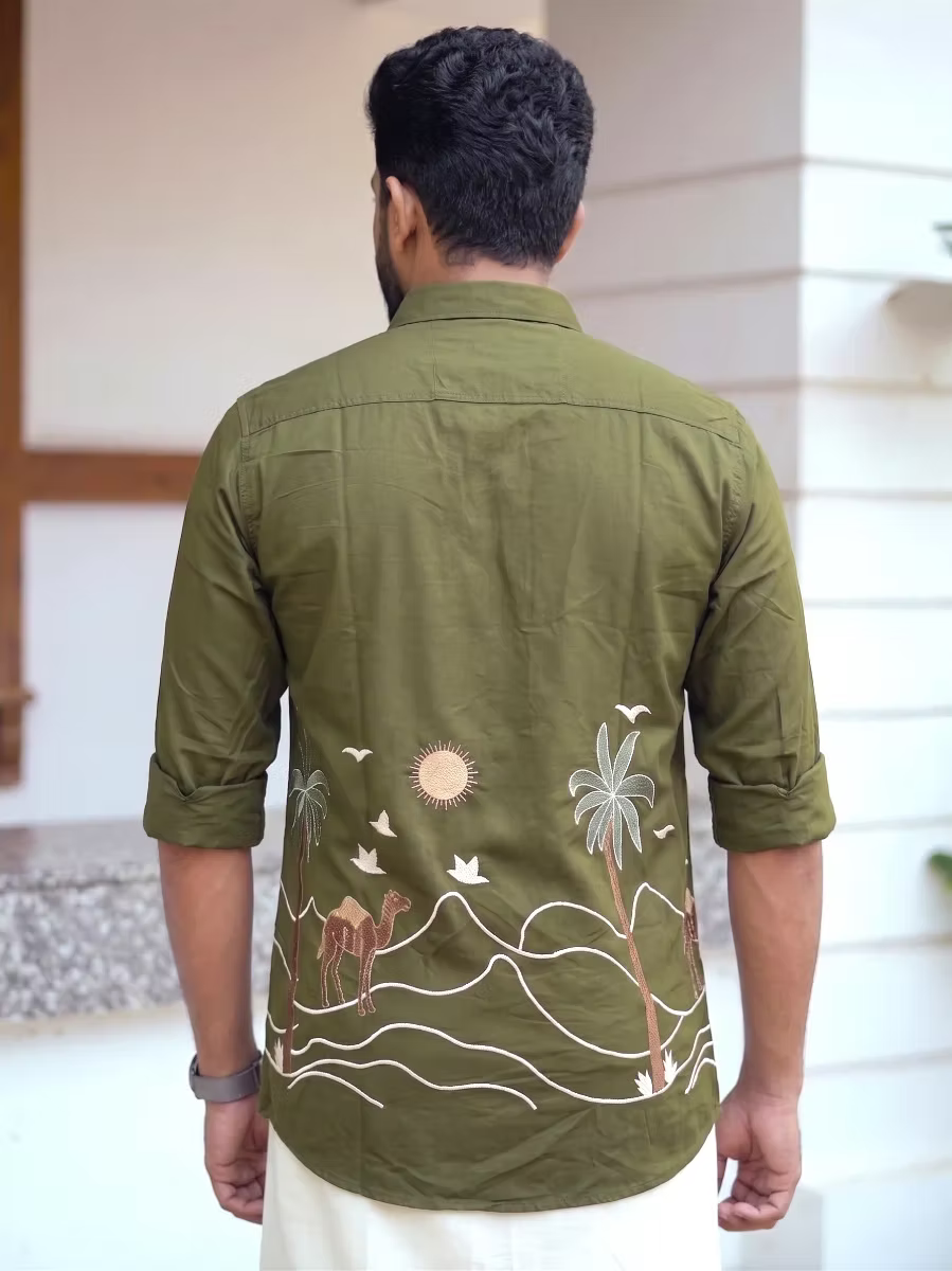 Olive Green Embroidered Scenic Shirt and Kasavu Mundu Dhoti Combo