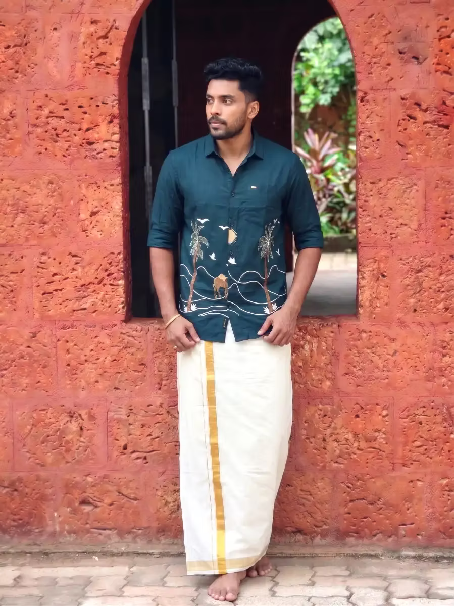 Midnight Teal Oasis Embroidered Shirt and Kasavu Mundu Combo
