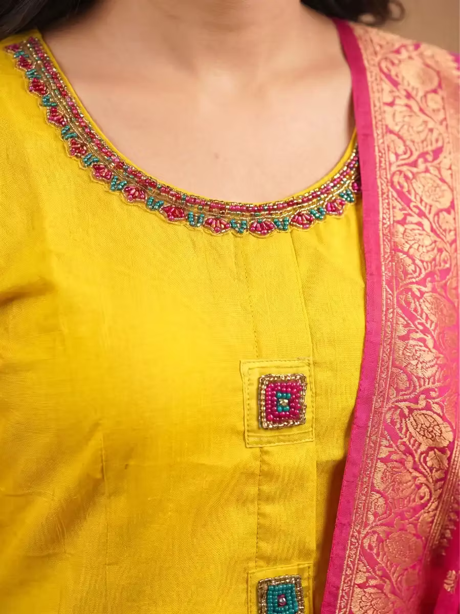 Mustard Yellow Festive Kurta Set with Pink Banarasi Dupatta & Embroidered Pants
