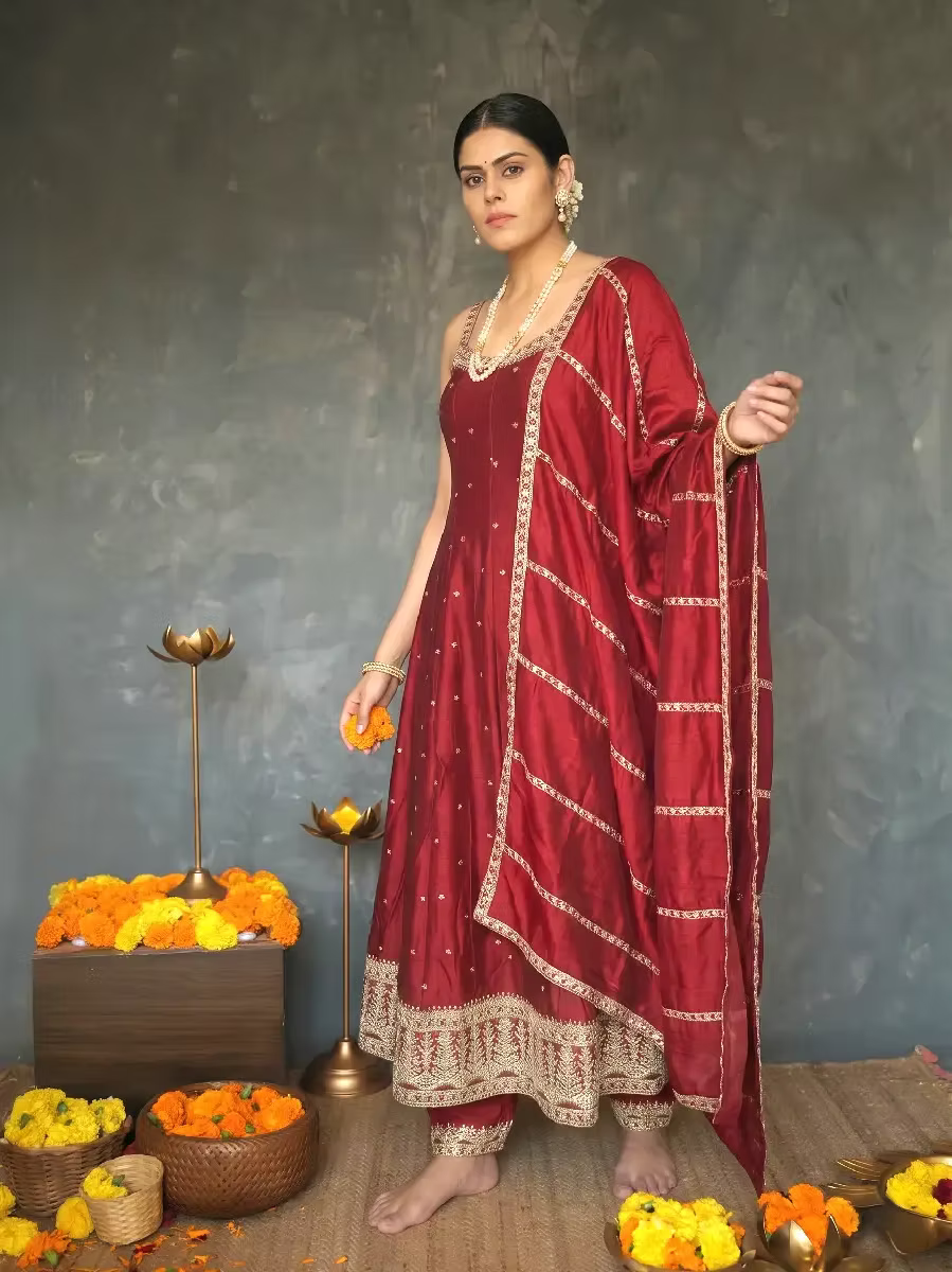 Premium Maroon Embroidered Silk Blend Kurta Set with Straight Pant and Dupatta