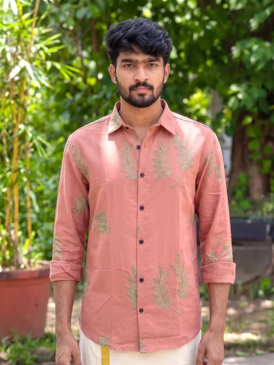 Rosewood Botanical Vine Embroidered Cotton Shirt and Kasavu Mundu Dhoti Combo