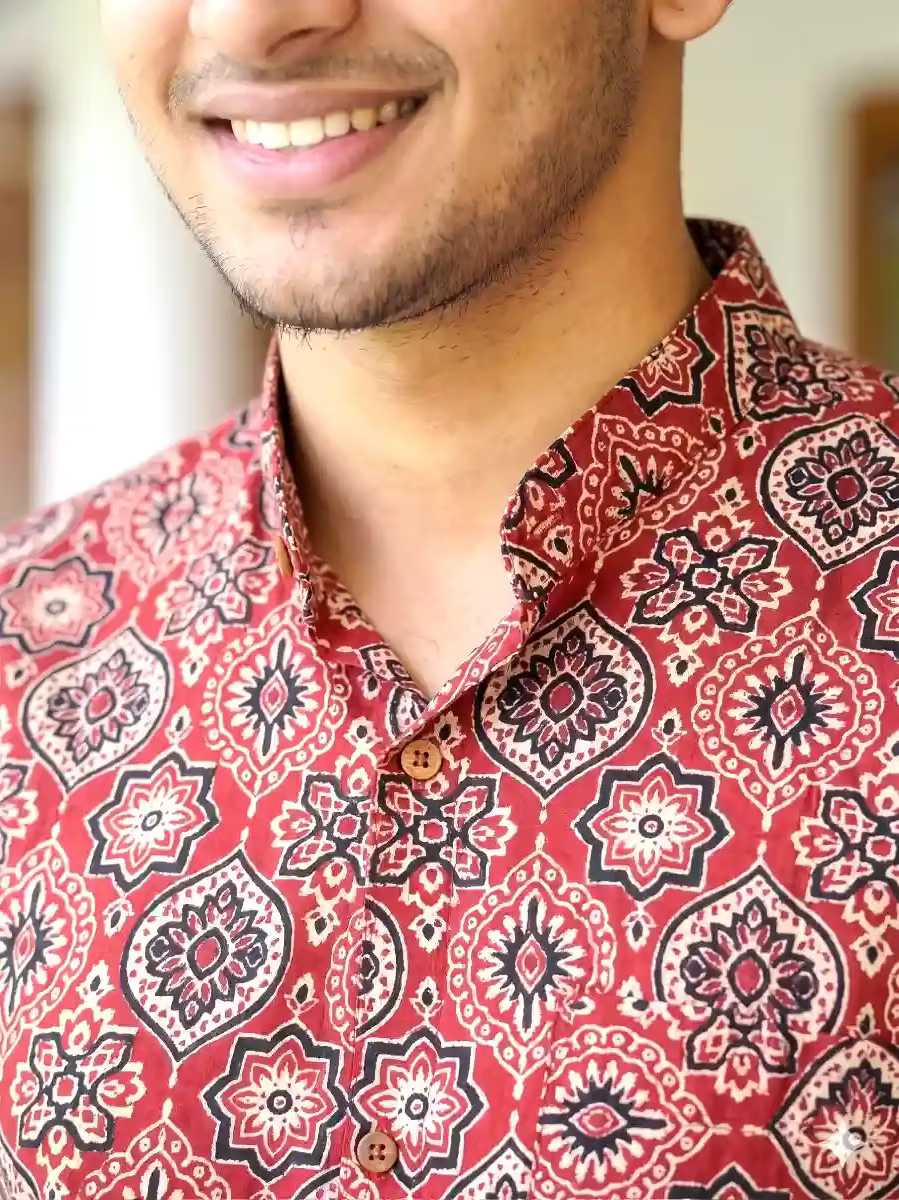 Maroon & Black Mango Ajrakh Shirt and Kasavu Mundu Dhoti Combo Set