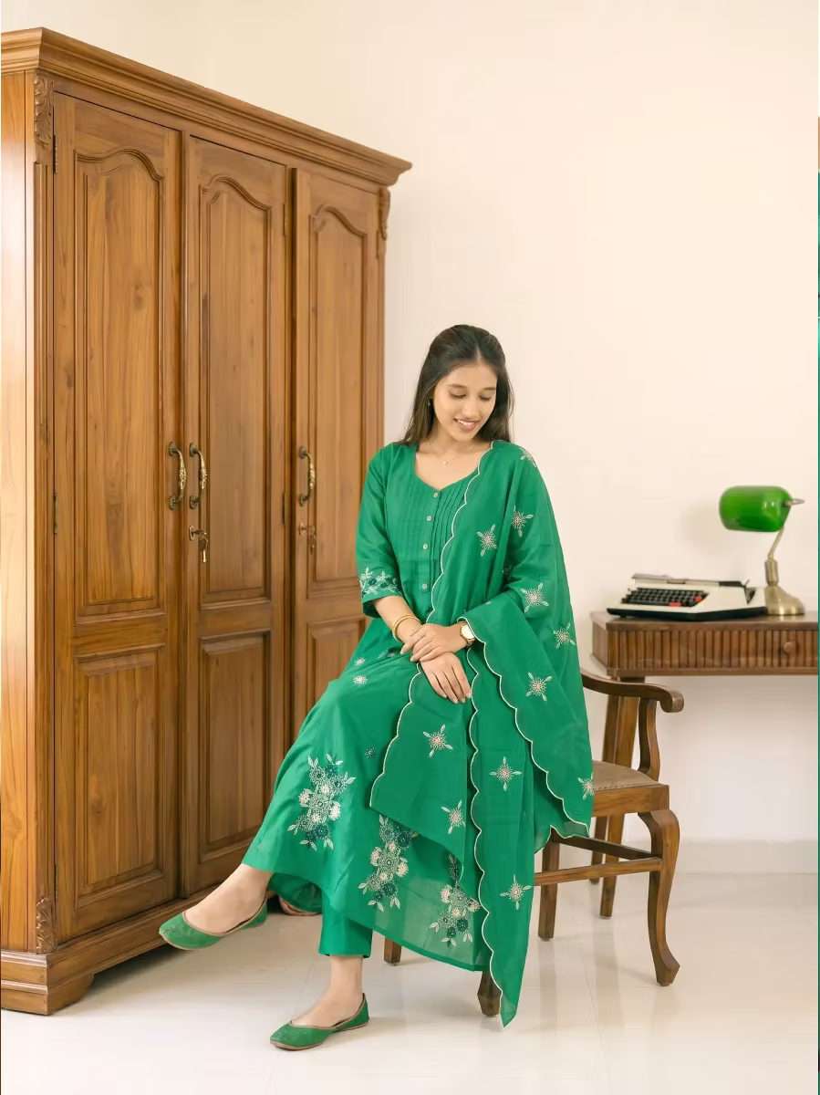 Women's Green Floral Anarkali Kurta Set with Dupatta