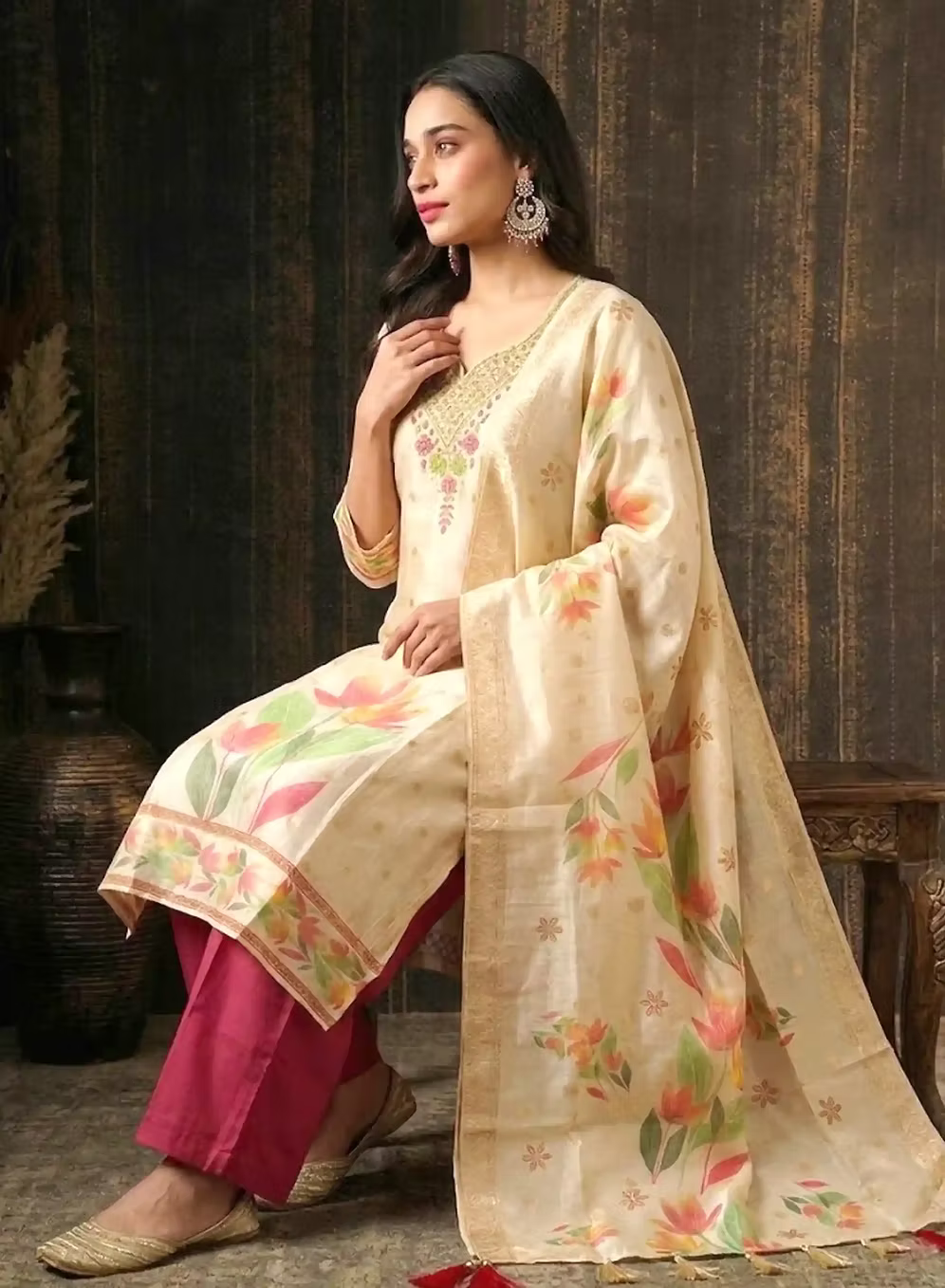 Cream Floral Silk Blend Kurta Set with Pants & Dupatta