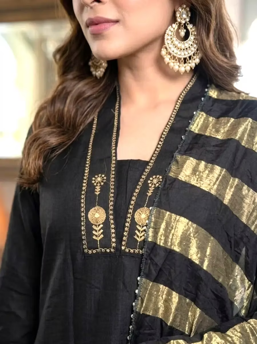 Black Embroidered Kurta Set with Foil Printed Palazzo & Golden Striped Dupatta