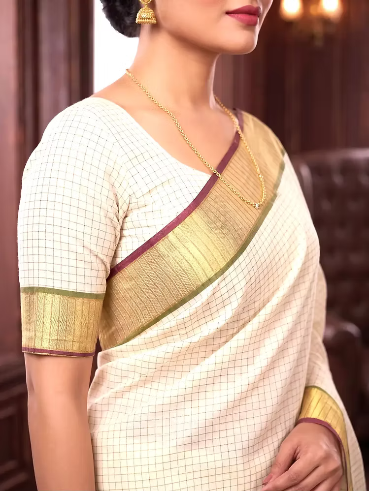 Micro Checks Cotton Kasavu Saree with Maroon & Pea Green Border