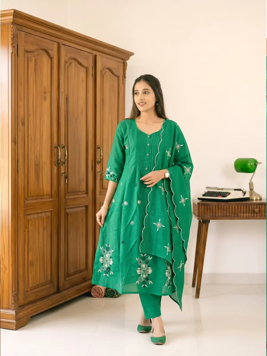 Women's Green Floral Anarkali Kurta Set with Dupatta