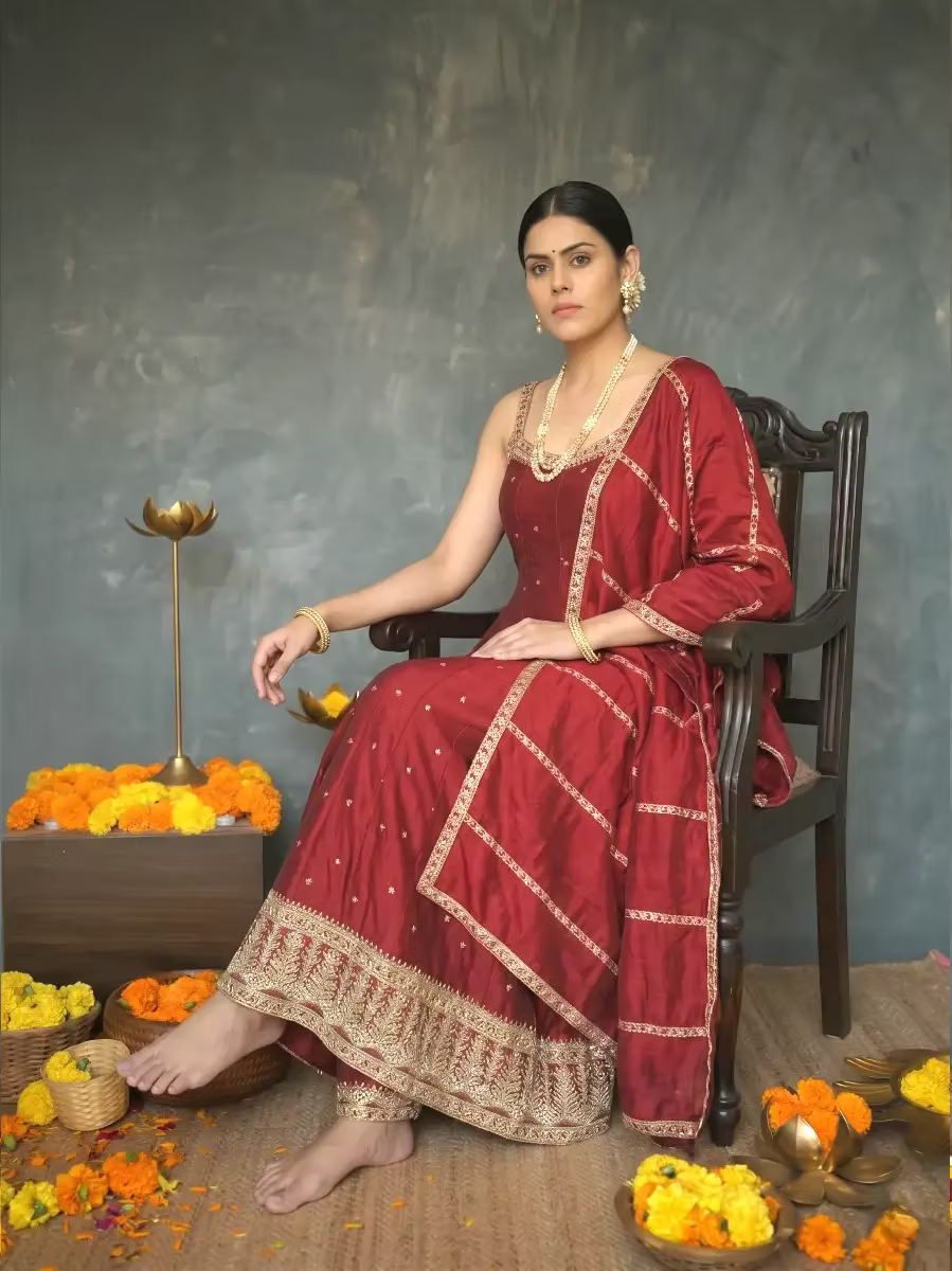 Premium Maroon Embroidered Silk Blend Kurta Set with Straight Pant and Dupatta
