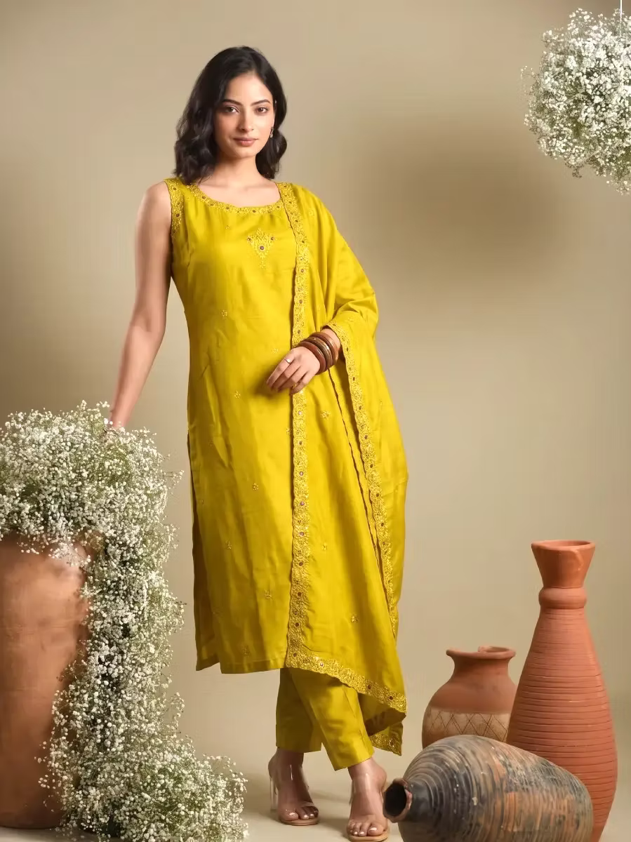 Lime Green Silk Blend Kurta Set with Dupatta & Pant