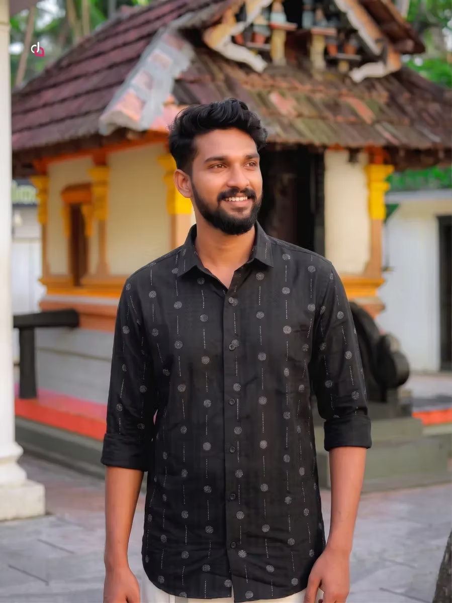 Black Silver Dot Motif Cotton Shirt and Silver Kasavu Mundu Dhoti Combo Set
