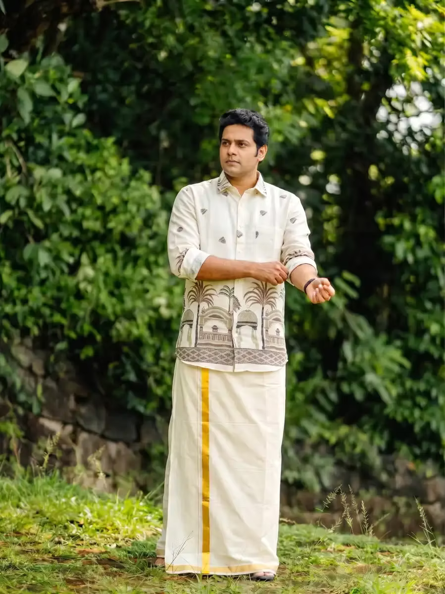 Ivory White Heritage designer Cotton Shirt and Kasavu Mundu Dhoti Combo