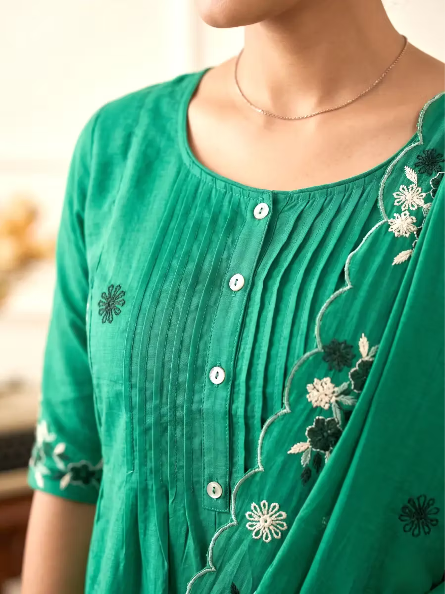 Women's Green Floral Anarkali Kurta Set with Dupatta