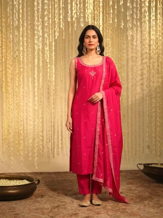 Fuchsia Pink Floral Embroidered Silk Blend Kurta Set with Dupatta