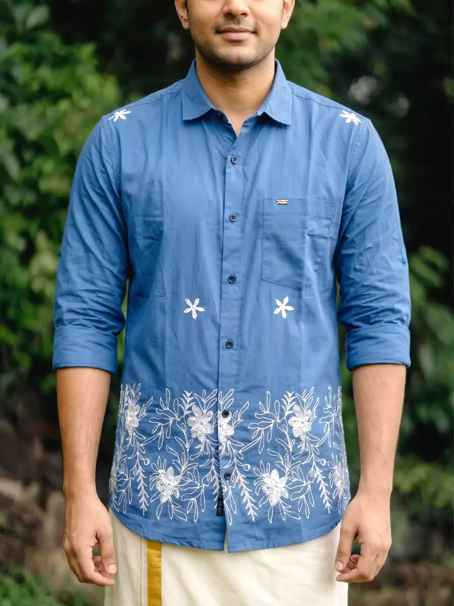 Blue Floral Vine Embroidered Cotton Shirt and Kasavu Mundu Dhoti Combo