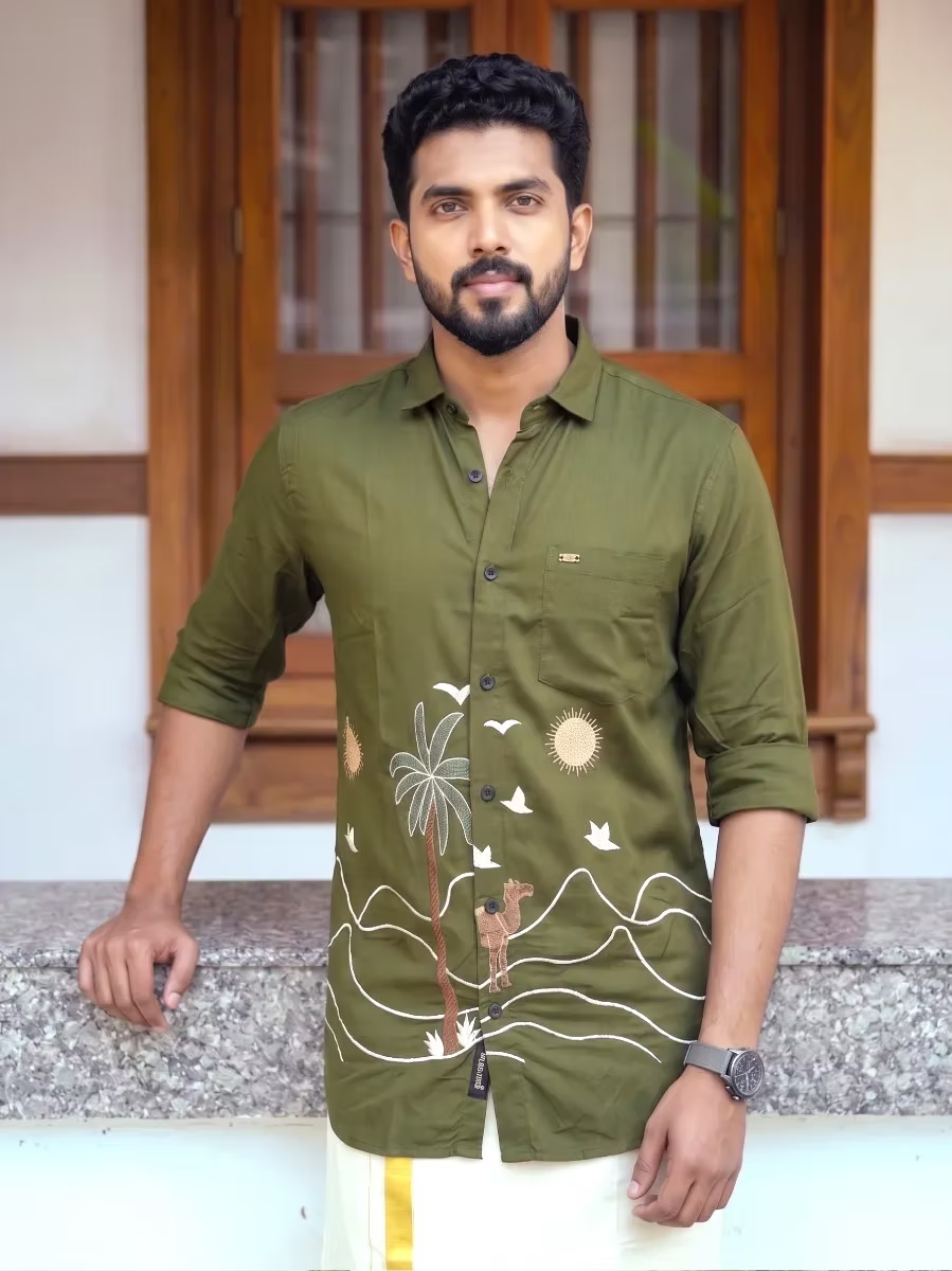 Olive Green Embroidered Scenic Shirt and Kasavu Mundu Dhoti Combo